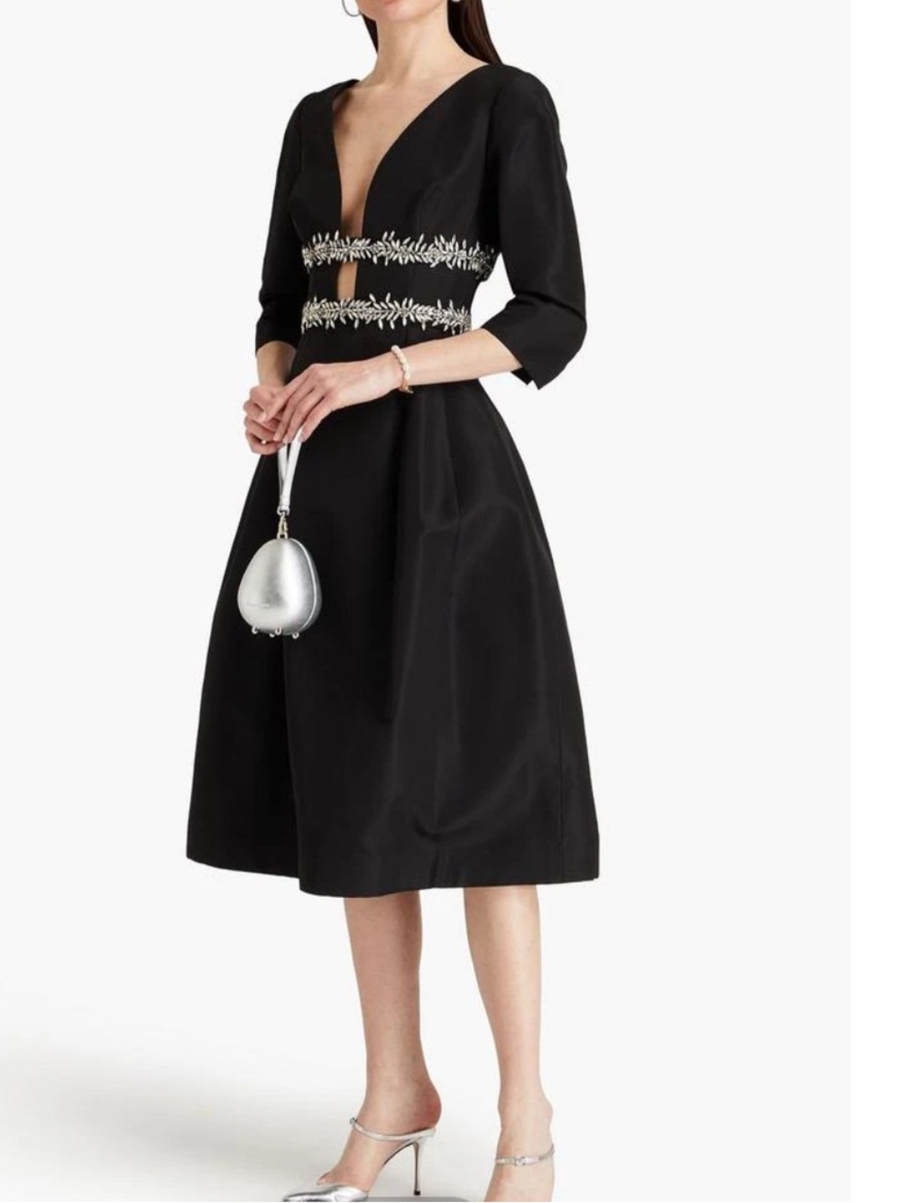 $6600 Oscar de la Renta Black Silk-Taffeta Midi Dress with Crystal Waist NWT